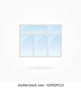 Window frame vector illustration, rectangular threefold closed window with twin top. White plastic window with blue sky glass, outdoor objects collection, flat style. Isolated design element. Eps 10