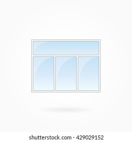 Window frame vector illustration, rectangular threefold closed window with single top. White plastic window with blue sky glass, outdoor objects collection, flat style. Isolated design element. Eps 10