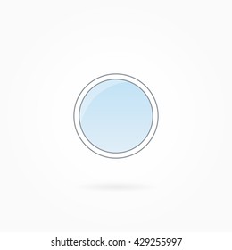 Window frame vector illustration, single closed round illuminator. White plastic window with blue sky glass, outdoor objects collection, flat style. Isolated design element for your creations. Eps 10