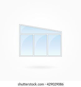 Window frame vector illustration, threefold closed modern window with trapezium top. White plastic window with blue sky glass, outdoor objects collection, flat style. Isolated design element. Eps 10