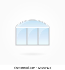 Window frame vector illustration, threefold closed modern window with arched top. White plastic window with blue sky glass, outdoor objects collection, flat style. Isolated design element. Eps 10