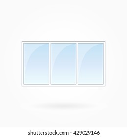 Window frame vector illustration, tripartite closed modern windows. White plastic window with blue sky glass, outdoor objects collection, flat style. Isolated design element for your creations. Eps 10