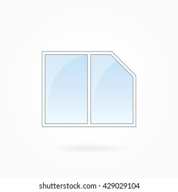 Window frame vector illustration, two-leaved window with bevelled corner. White plastic window with blue sky glass, outdoor objects collection, flat style. Editable isolated design element. Eps 10.