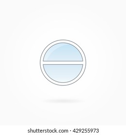 Window frame vector illustration, two-leaved closed round illuminator. White plastic window with blue sky glass, outdoor objects collection, flat style. Editable isolated design element. Eps 10