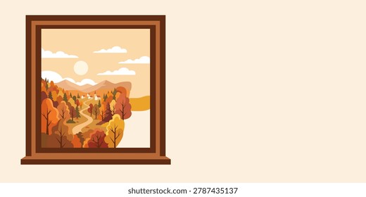 Window frame with view of autumn landscape. Flat illustration of cozy small village in mountain forest during fall season. Season change background with copy space for text design.