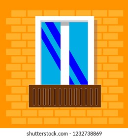 window frame view isolated on brick house wall . Detailed plastic window with balcony. Architecture design outdoor or exterior view, building and home theme.