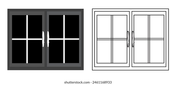 Marcos de ventana con cristales, exterior, vista exterior, silueta de ventana. Iconos esquemáticos de la casa y el edificio.