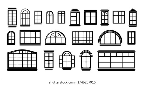 Window frames isolated on white background. Set with different silhouettes of window frames for home. Architecture elements. Vector icons for concept or web graphics. Vector illustration, eps 10.