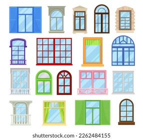 Window frames set. view isolated on house wall. Retro, classic and modern windows architectural elements flat vector illustration