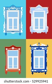 Window frames with Tatar ornament. Vector illustration in flat style. Folk rural architecture