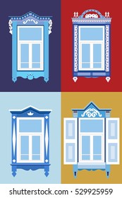 Window frames with Tatar ornament. Vector illustration in flat style. Folk rural architecture