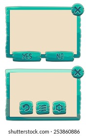 Window of game with buttons, vector game icons