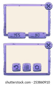 Window of game with buttons, vector game icons