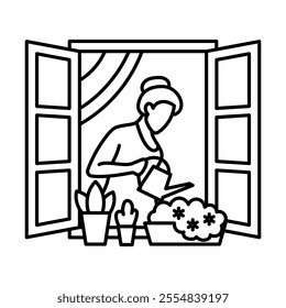 Window garden, line icon. Old lady is watering flowers on the windowsill. Floriculture at home concept. Linear illustration, editable stroke.