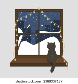 Window with a garland with winter evening and a cat on the windowsill. Christmas seasonal illustration with a snowy city with silhouettes of viburnum trees and holiday lights