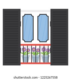 
A window with garlands flowers showing exterior window 

