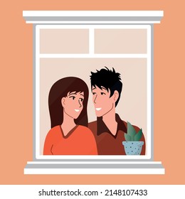 Window. Girl and boy in love. Houseplants. Vector, flat.