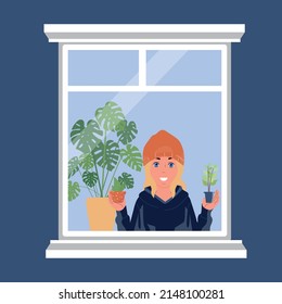 Window. The girl holds indoor plants in her hands. Vector isolated.