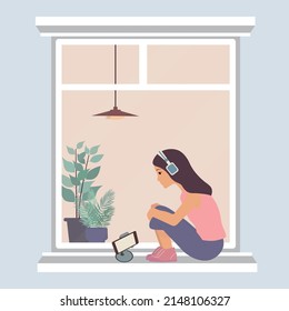 Window. The girl with the phone. Houseplants. Vector, flat.