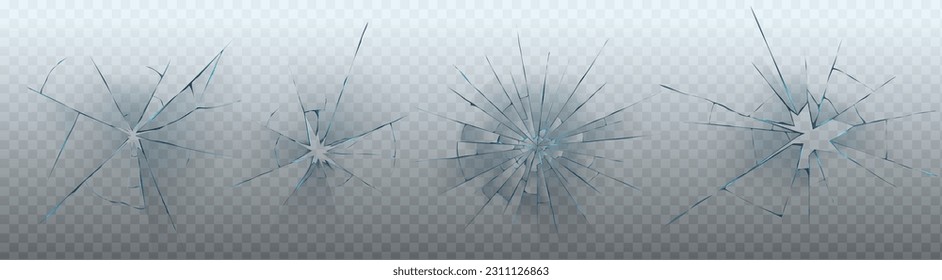 Window glass crack texture vector effect isolated object on transparent background. Realistic broken windshield hole frame. Abstract destruction mirror fragment pattern. Burglary or robbery damage set