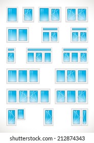 Window and glass door logo list. Set of vector icons of plastic windows for building industry, installation, repair, update collection. Windows equipment business symbols with open and close systems
