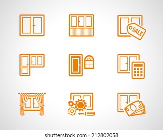 Window and glass doors logo list. Set of vector web icons of plastic windows for building industry, repairs and update company. Windows, doors equipment business symbols for internet webpage.