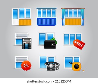 Window and glass doors logo list. Set of vector web icons of plastic windows for building industry, repairs, architectural company. Windows, doors equipment business symbols for internet webpage.