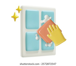 Window and glass washing 3d vector illustration with rubber glove, cleaning cloth and soap foam isolated on white background.