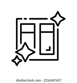 Window glitters line icon. Bucket, rag, dishwasher, sponge, window, washing machine, faucet, wash dishes, plunger, clean, shine. Cleanliness concept. Vector black line icon on a white background