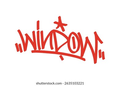Window graffiti tag in bold red lettering on transparent background. Urban street art style, perfect for architecture, city views, and creative graffiti projects with strong urban vibes.