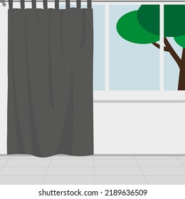 Ventana con una cortina gris en el interior y un árbol afuera de la ventana