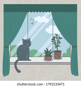 Window with green curtains and flowers in pots on the windowsill. Gray cat, birds fly in the sky, beige walls. Vector flat illustration
