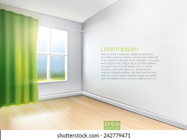 Window with green curtains in light room with wooden floor. Vector graphic