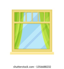 Window with green curtains on white background.