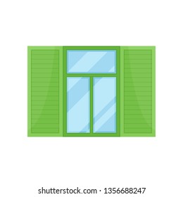 Window with green shutters on white background.