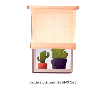 Fensterhälfte geschlossen mit Jalousien, Haus Pflanzen in Töpfen, Kaktus. Vektorgrafik, einzelne Cartoon-Illustration, Inneneinrichtung.