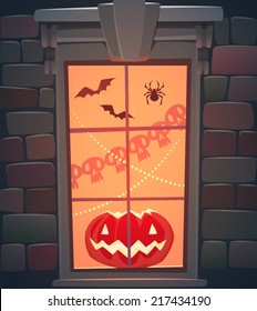 Window. Halloween poster \ background \ card. Vector illustration.