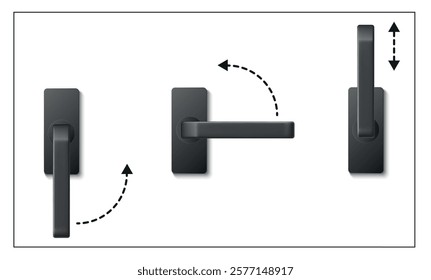 Window handle in different positions. Room interior in office or home. Modern design furniture. Realistic isolated black classic element. Informational poster on transparent vector concept