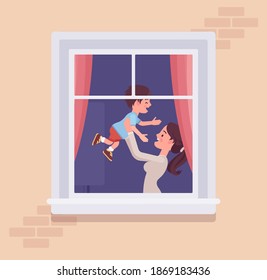 Window with a happy mother and little kid behind. Homebody family spending time staying home to enjoy safe comfortable private and personal life indoors. Vector flat style cartoon illustration