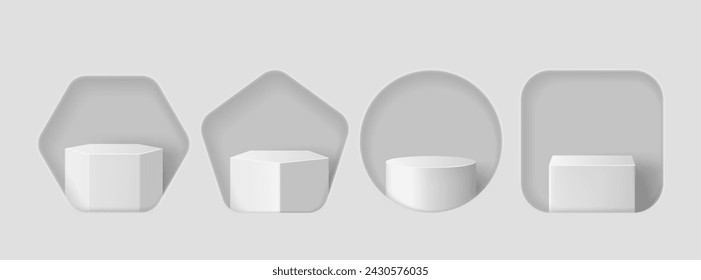 Window or hole in wall with product podium behind it. Realistic vector illustration of white minimalistic platform and pedestal of round, square, hexagon and pentagon shapes for goods display.