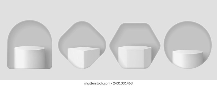 Window or hole in wall with product podium behind it. Realistic vector illustration of white minimalistic platform and pedestal of round, square, hexagon and arch shapes for goods display.