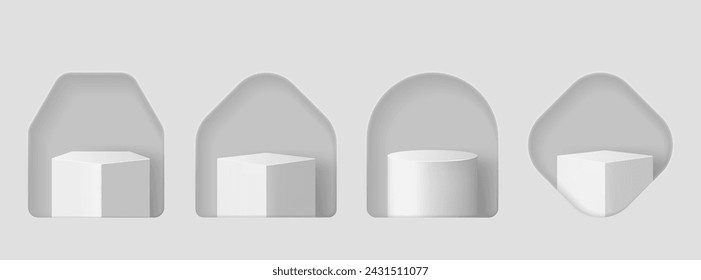 Ventana o agujero en la pared con el podio del producto detrás. Ilustración vectorial realista de plataforma minimalista blanca y pedestal de formas cuadradas y de arco para la exhibición de mercancías.