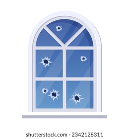 Window with holes vector. Broken window with gunshot holes isolated on white background. Violence, danger, damage, destruction concept