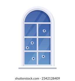 Window with holes vector illustration. Broken window with gunshot holes isolated on white background. Violence, danger, damage, destruction concept