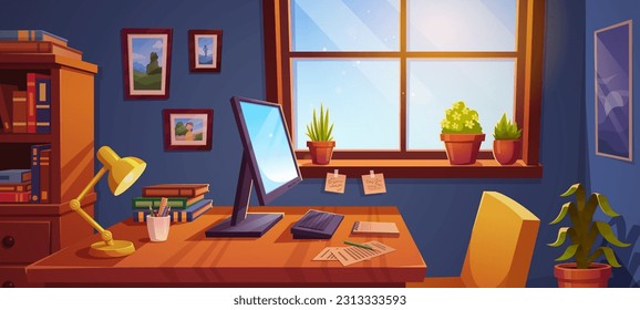 Vector del escritorio del escritorio de la oficina principal de la ventana. Mobiliario moderno en mesa de trabajo en un diseño interior plano. Computadora de escritorio, silla, flores, lámpara y estantería de pared interior armario de escritorio escena de ilustración de estudio.