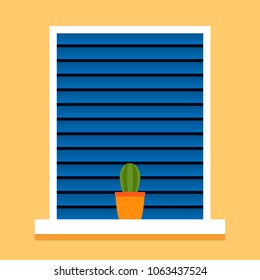 Window with horizontal blinds and cactus on the windowsill. Vector flat illustration.