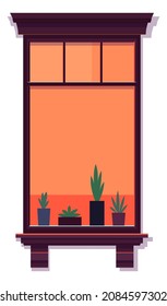 Window with house plants. Cute cartoon wooden frame