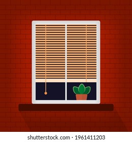 Window with a houseplant in a red brick wall. Plastic window with shutters