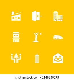 window icon. 9 window vectors with building striped modern tower, house, meeting and house building icons for web and mobile app