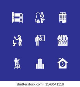 window icon. 9 window vectors with cleaning, house, urban building and store icons for web and mobile app